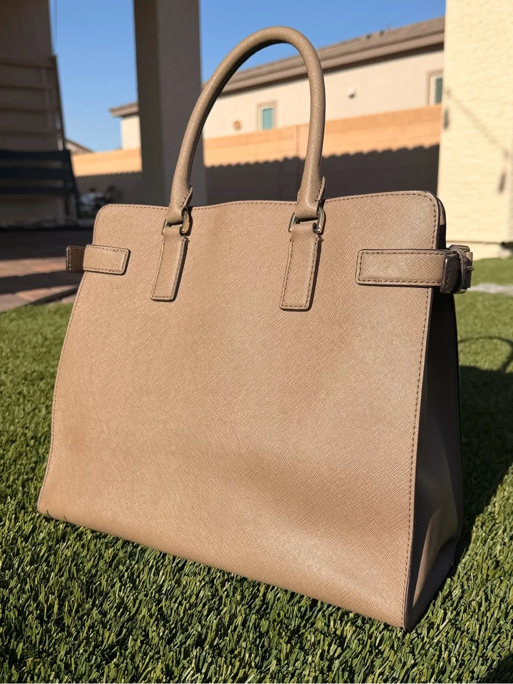 Michael Kors Taupe Saffiano Satchel with Gold Hardware